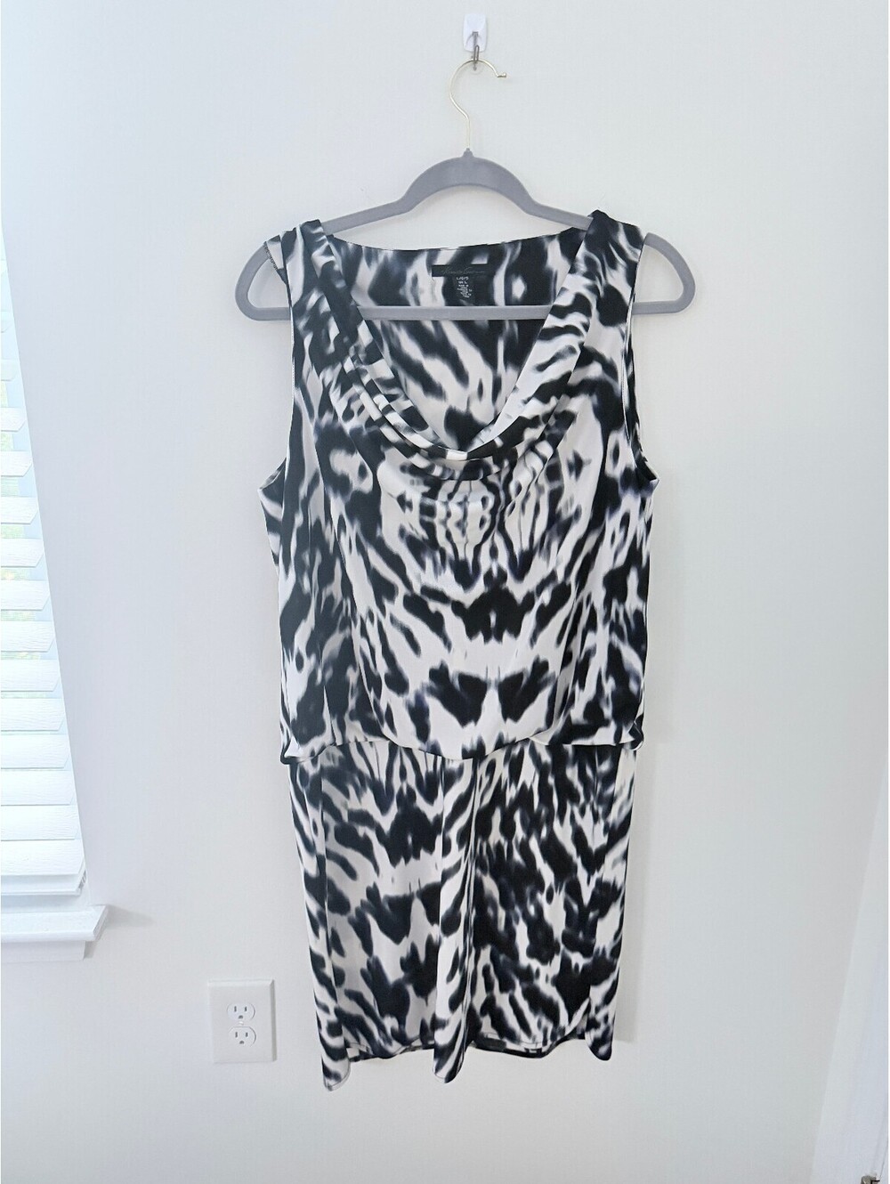 Cowl Neck Feminine Black & White Abstract Print Sheath Dress| Size: L